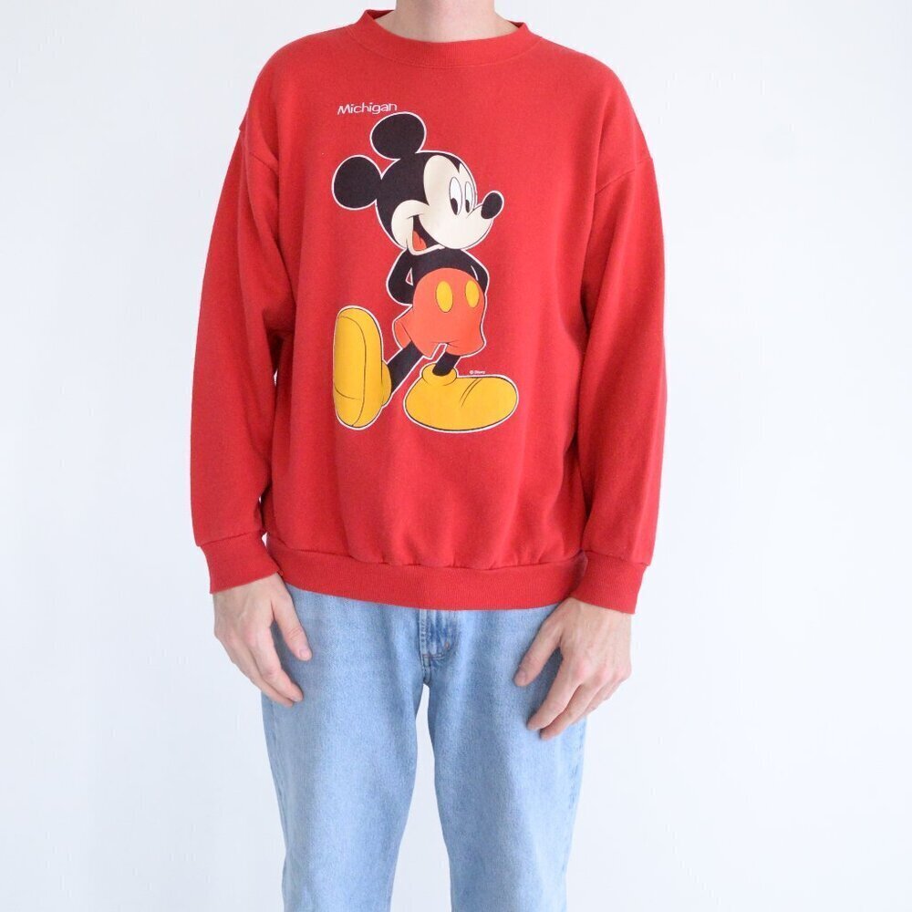 Vintage Tultex Red Mickey Mouse Michigan Crew Neck Sweater Large Made In USA